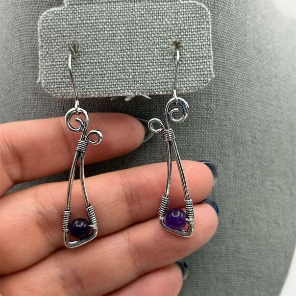Fun Whimsical Curved Silver Tone Long Dangle Earrings Purple Beaded Bow Knot - Picture 3 of 8